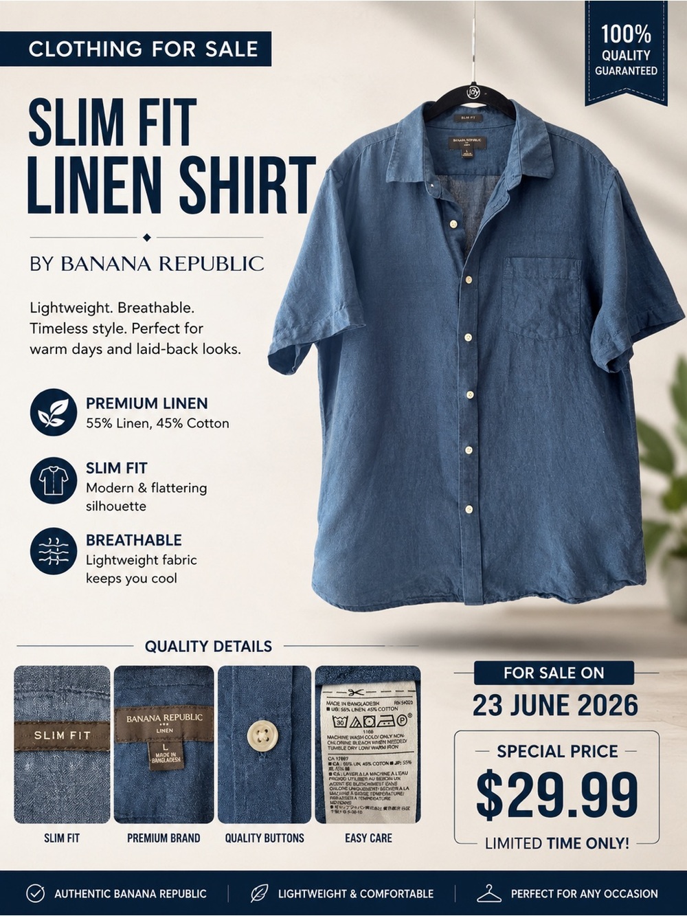 Banana Republic Slim Fit Linen Button-Down Shirt - Denim Blue